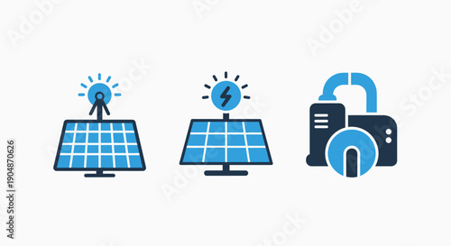 Clean icons of solar panels with radiating energy and a water pump system, symbolizing renewable energy, sustainability, and power generation.