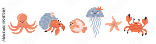 Tableau sur toile Cute cartoon sea animal collection: octopus, hermit crab, fish, jellyfish, starfish, crab