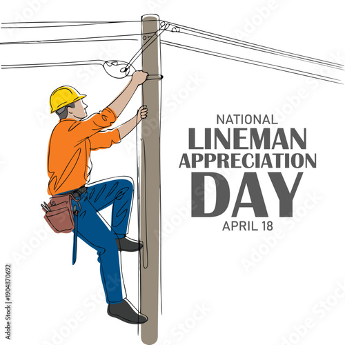 Single one line drawing lineman climbing electric pole. One of the jobs that has a high risk of work accidents. Worker. National Lineman Appreciation Day. Continuous line design graphic illustration