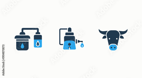 Icons depicting water filter system, pump dispenser, and bull head in blue and dark navy