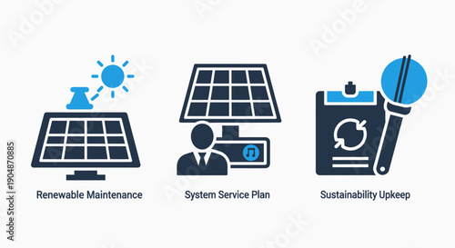 Renewable energy icons: solar panel with sun, system service plan, and sustainability upkeep
