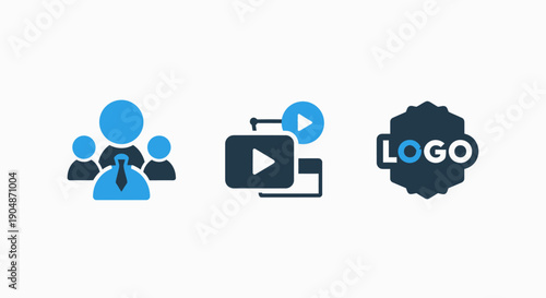 Icons for teamwork, video production, and branding, representing business and creative services.