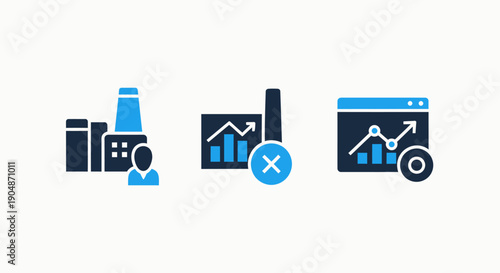 Icons for factory, analytics with decline, and growth chart, representing industrial decline and recovery.