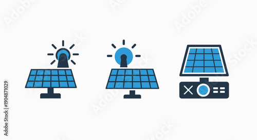 Solar panel icons illustrating energy generation, monitoring, and system performance for clean power.