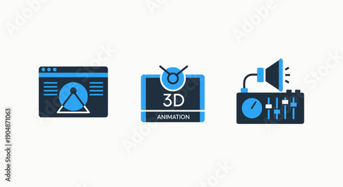 Icons for 3D animation software, design interface, and audio mixing console, representing creative production.
