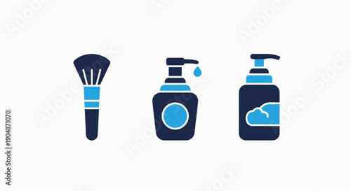 Icons for makeup brush, soap dispenser, and cleansing foam bottle, representing beauty and hygiene products.