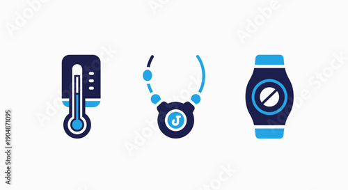 Icons for thermometer, fitness tracker necklace, and smartwatch with disabled symbol for health and activity tracking.