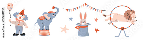 Circus set of illustrations with a clown holding a balloon, an elephant, a rabbit in a hat and a lion jumping through a hoop, flat style