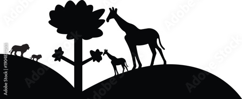 Safari Animals Silhouette Scene with Giraffes, Lion and Tree.