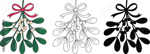 Christmas decoration mistletoe silhouette & Outline and illustration set isolated on transparent background