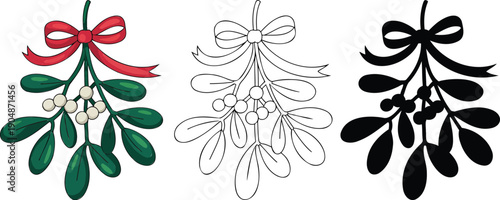 Christmas decoration mistletoe silhouette & Outline and illustration set isolated on transparent background