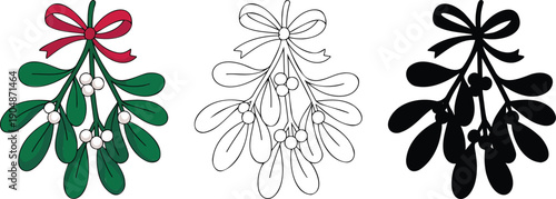 Christmas decoration mistletoe silhouette & Outline and illustration set isolated on transparent background