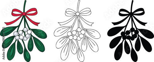 Christmas decoration mistletoe silhouette & Outline and illustration set isolated on transparent background