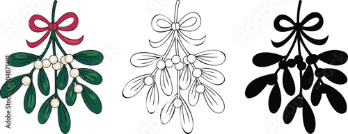 Christmas decoration mistletoe silhouette & Outline and illustration set isolated on transparent background