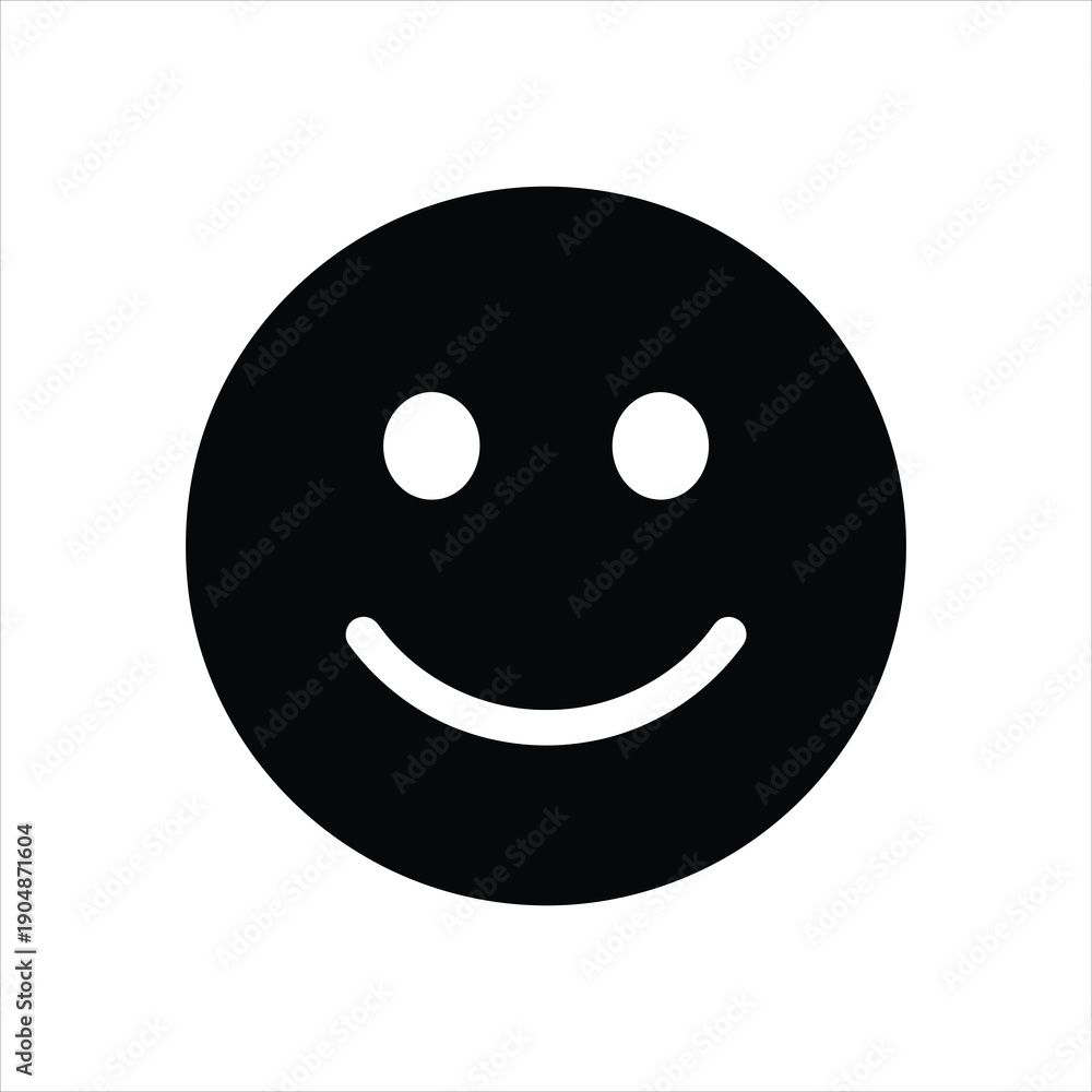 Obraz premium Bold black smiley face icon with simple round eyes and a wide grin, representing happiness and positive emotions.