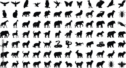 Black and white animal silhouette mega collection featuring wildlife mammals birds insects and reptiles, diverse nature species icons, outdoor fauna symbols, detailed vector illustration set