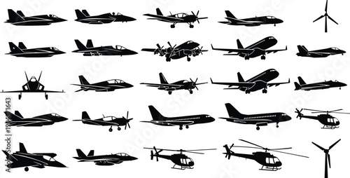 Black and white aircraft silhouette mega collection featuring military jets passenger airplanes helicopters and wind turbines, aviation transportation icons, flight technology vector illustration set