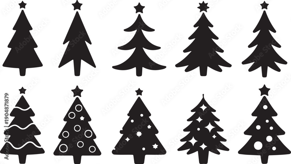 Obraz premium A group of ten black silhouette Christmas trees with varied decorations including stars and ornaments