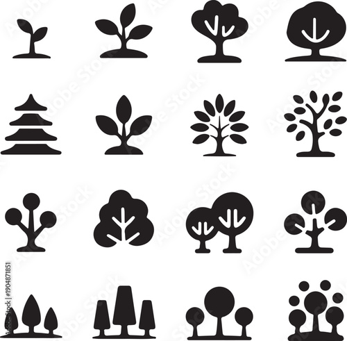 A diverse collection of solid black silhouette tree icons showcasing different shapes and sizes