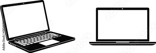 Black and white laptop computer silhouette illustration showing modern notebook devices from angled and front views, technology hardware icons, minimalist vector design collection