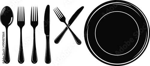 Black and white cutlery and plate silhouette illustration featuring spoon fork knife tableware set, dining restaurant symbols, kitchen utensil icons, minimalist vector design collection