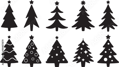 A group of ten black silhouette Christmas trees with varied decorations including stars and ornaments