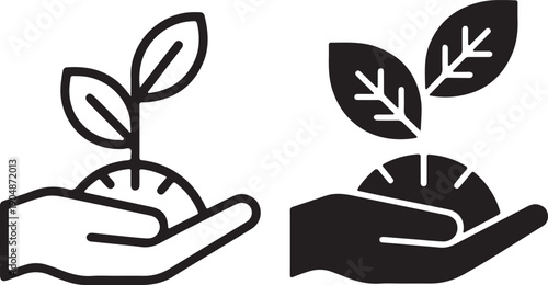 A pair of icons showing a human hand gently holding a young plant with leaves and soil