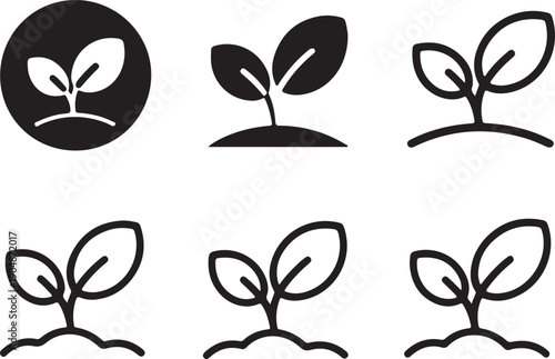 A set of six black and white icons illustrates new plant growth and sprouting seedlings