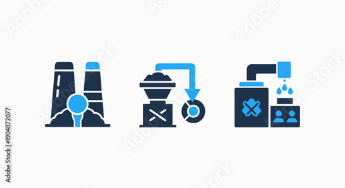 Industrial Process Icons: Power Plant, Material Processing, and Water Treatment