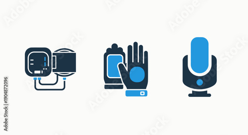 Medical and Health Monitoring Icons: Blood Pressure Monitor, Gloves, and Microphone