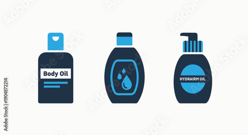 Product icons for body oil and skincare: lotion bottle, drop icon, and pump dispenser. Blue and dark blue design for beauty, health, and personal care products.