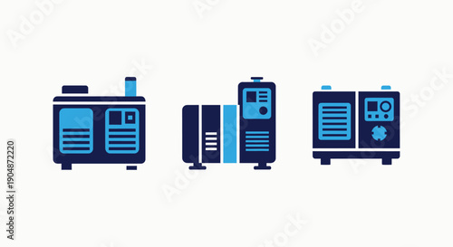 Generator icons representing power supply: portable generator, industrial generator, and control panel. Blue and dark blue design for energy, electricity, and power backup solutions.
