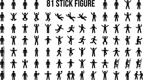Black and white stick figure icon mega set featuring 81 human pictograms with various actions poses and activities, people symbols, infographic vector illustration collection