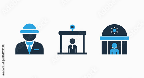 Icons representing office and security roles: businessman, security guard, and person in booth with camera. Professional dark blue and blue design for corporate, surveillance, and access control.