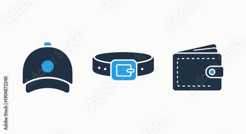 Icons for fashion accessories and personal items: baseball cap, belt, and wallet. Casual and stylish dark blue and blue design for lifestyle, fashion, and personal belongings.