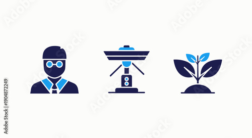 Icons for education, research, and botany: student in graduation cap, scientific instrument, and plant sprout. Modern blue and dark blue design for learning, science, and growth concepts.