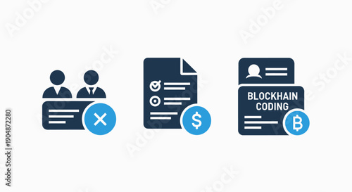 Icons for business, finance, and technology: rejected applicants, checklist with dollar, and blockchain ID card.