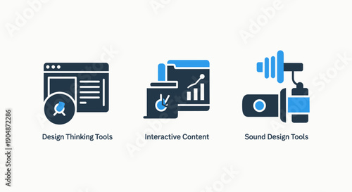 Icons for Design Thinking, Interactive Content, and Sound Design Tools, representing creative processes and technology.