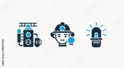 Icons depicting firefighter equipment, a friendly firefighter face, and a warning beacon for emergency services.