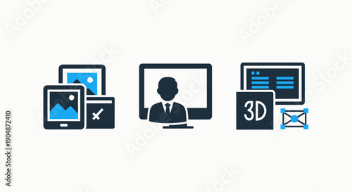 Icons representing digital media, online presence, and content creation, including displays, 3D models, and user interfaces for digital businesses.