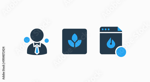 Icons symbolizing people, nature, and environmental management: a person surrounded by data points, a leaf logo, and a water droplet on a document.