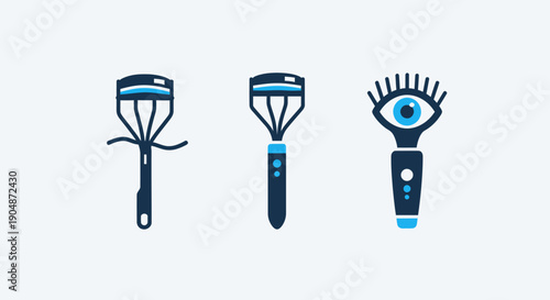 Icons for eyelash curlers and a mascara wand with an eye, representing eye makeup, beauty products, and cosmetic application for enhancing eyes.