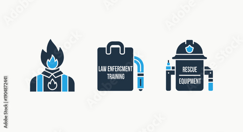 Icons depicting emergency services and training: a flaming figure for fire, law enforcement training, and rescue equipment, symbolizing safety and response.