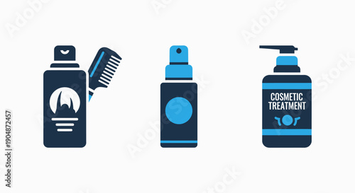 Personal care product icons: hair treatment bottle, spray bottle, and cosmetic treatment dispenser for beauty routines