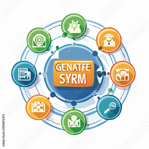 Circular diagram with a central text box GENATFESYRM" surrounded by of a camera, a person, a computer, a magnifying glass, and documents, connected by dotted lines