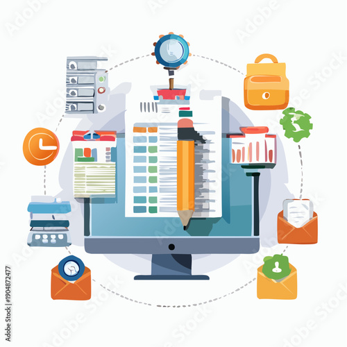 Digital of a computer monitor with a large pencil writing on a spreadsheet, surrounded by of files, emails, and a clock, connected by dotted lines