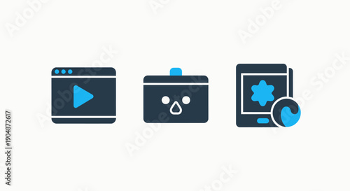 Digital media and VR icons: browser with play button, VR headset, and mobile device displaying augmented reality content