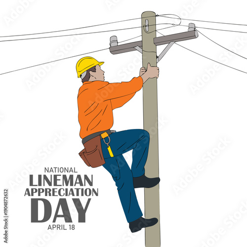 Single one line drawing lineman climbing electric pole. One of the jobs that has a high risk of work accidents. Worker. National Lineman Appreciation Day. Continuous line design graphic illustration
