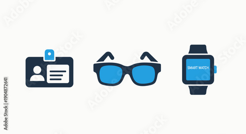 Technology and identity icons: ID card, smart glasses, and smartwatch displaying 'Smart Watch', representing digital identity and wearable tech