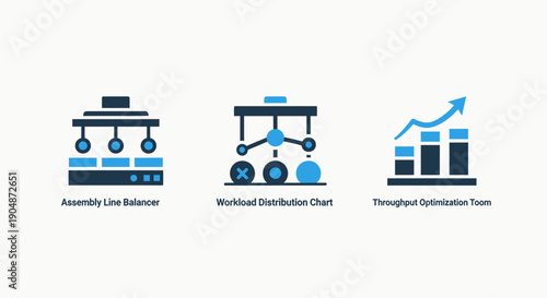 Industrial production icons: assembly line balancer, workload distribution chart, and throughput optimization graph for efficiency analysis